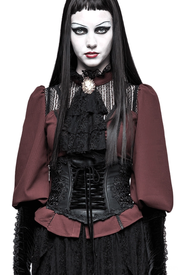 Black floral embroidery gothic corset belt worn by female model with goth makeup, front view showcasing intricate lace-up design and embroidered details