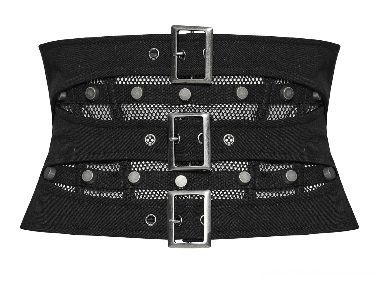 Flat lay front view of black gothic corset belt, highlighting triple metal buckles, fishnet mesh panels, and industrial rivet details