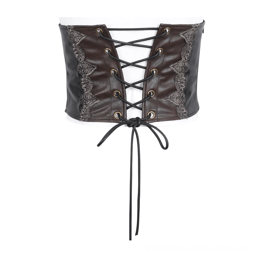 Gothic corset belt front flat view with tie-up lace closure and embroidered trim side panels