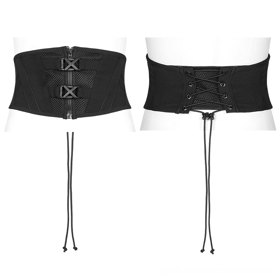 Black gothic corset belt on mannequin front display showing dual X buckles, mesh inserts, and full waist belt construction