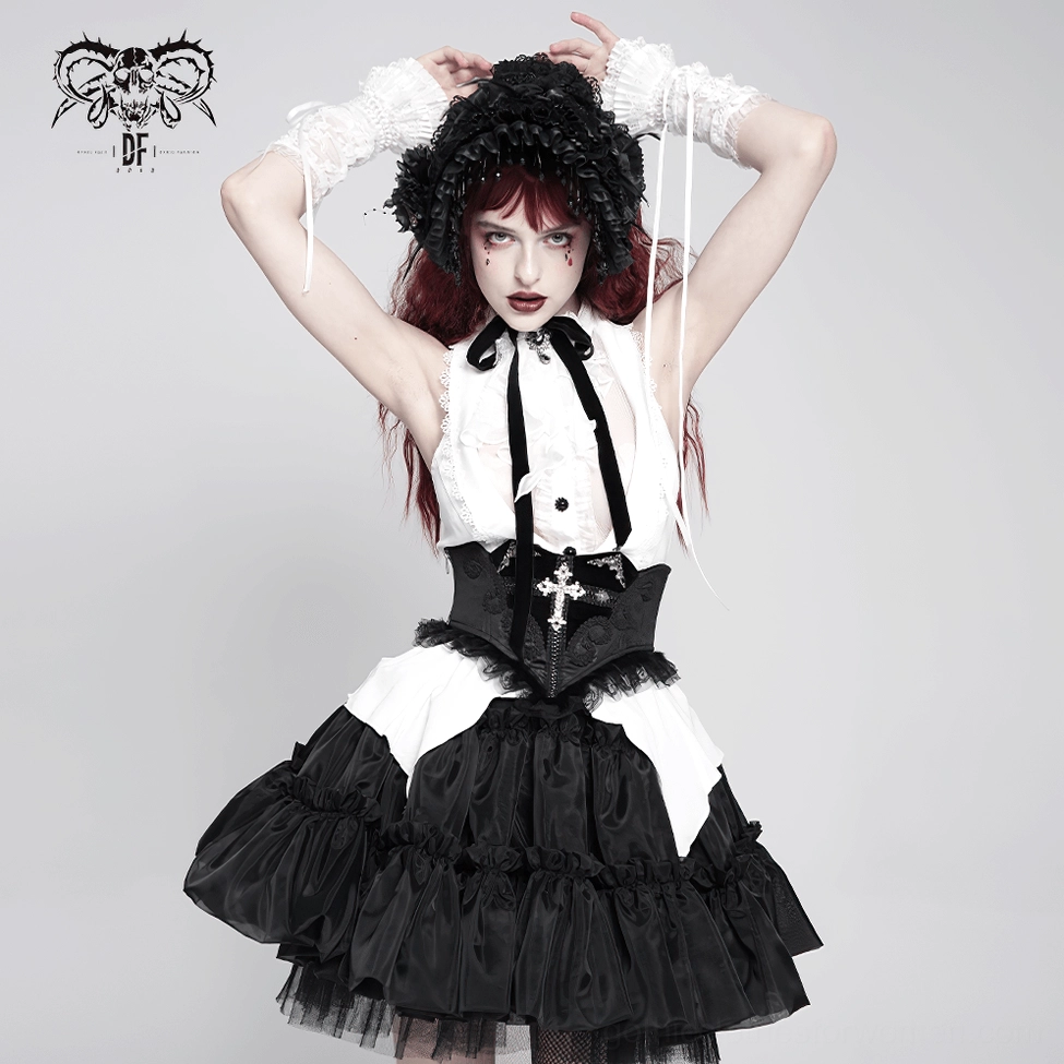 Black gothic corset belt front zip closure detail product shot showing secure fastening system, premium construction, and lace overlay design