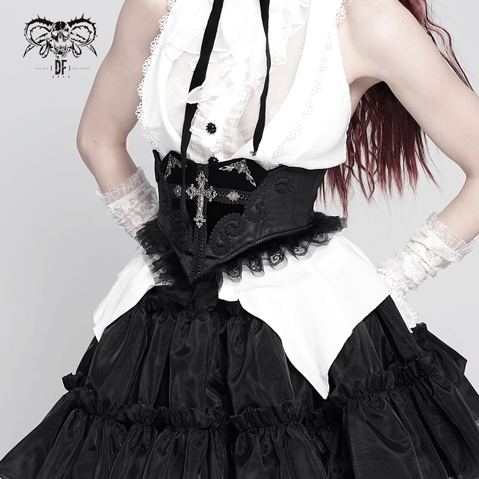 Gothic corset belt worn on model studio fashion shoot, full-length view showing how black lace belt complements alternative gothic wardrobe and silhouette enhancement