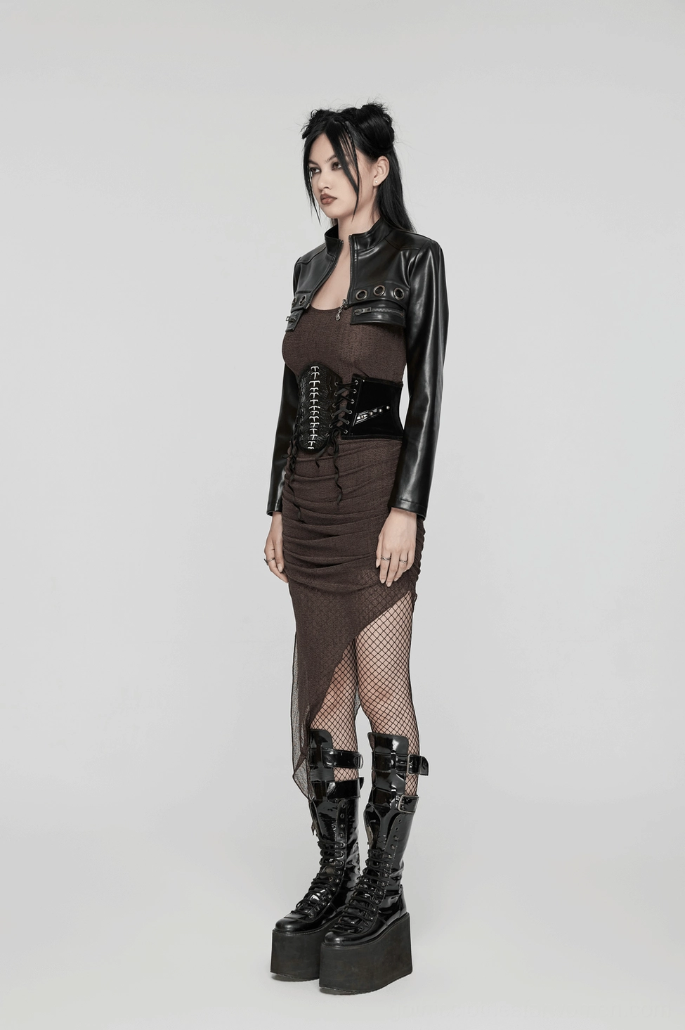 Black velvet gothic corset belt full product shot showcasing spinal ridge design, rivets, and overall avant-garde aesthetic structure