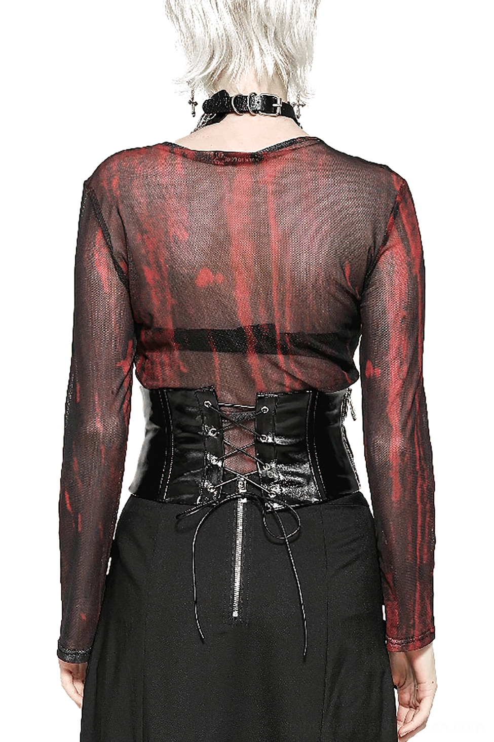 Back view of gothic corset belt with lace-up closure on model wearing black choker and goth styling