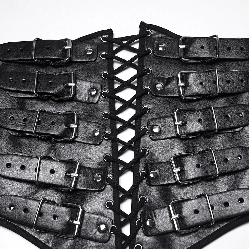 Close-up front view of black gothic corset belt showing lace-up and buckle details