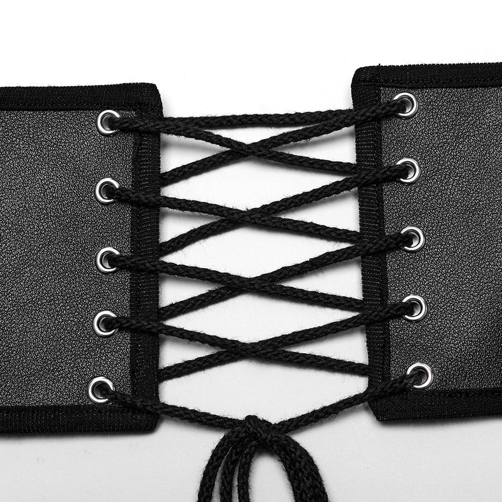 Black gothic corset belt lace-up closure detail showing cross-braided laces and metal eyelets on flat lay