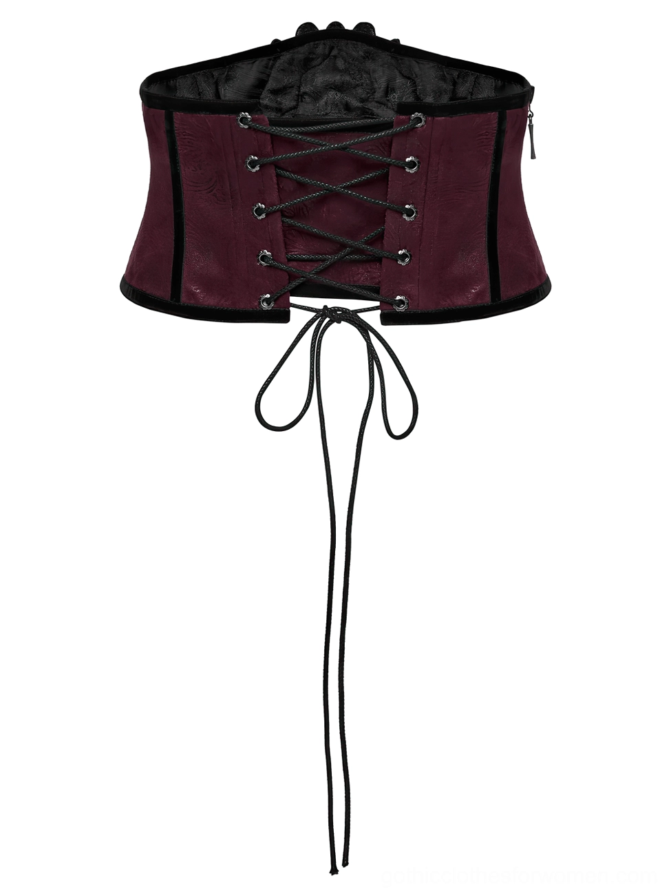 Gothic corset belt rear view flat lay showing black lace-up closure with metal eyelets and velvet edge trim