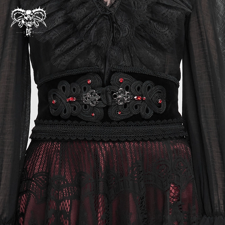 Lace trim and velvet construction details of gothic corset belt with decorative elements