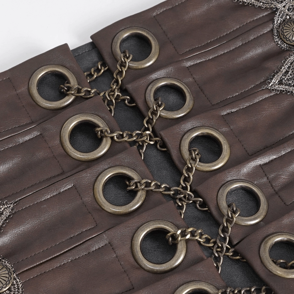 Gothic brown corset belt product showcase highlighting lace-up closure system and metal hardware