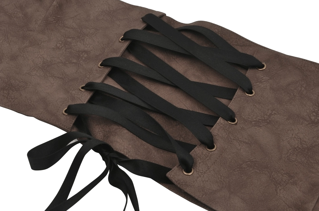 Detailed view of black drawstring lace-up closure on gothic corset belt back panel