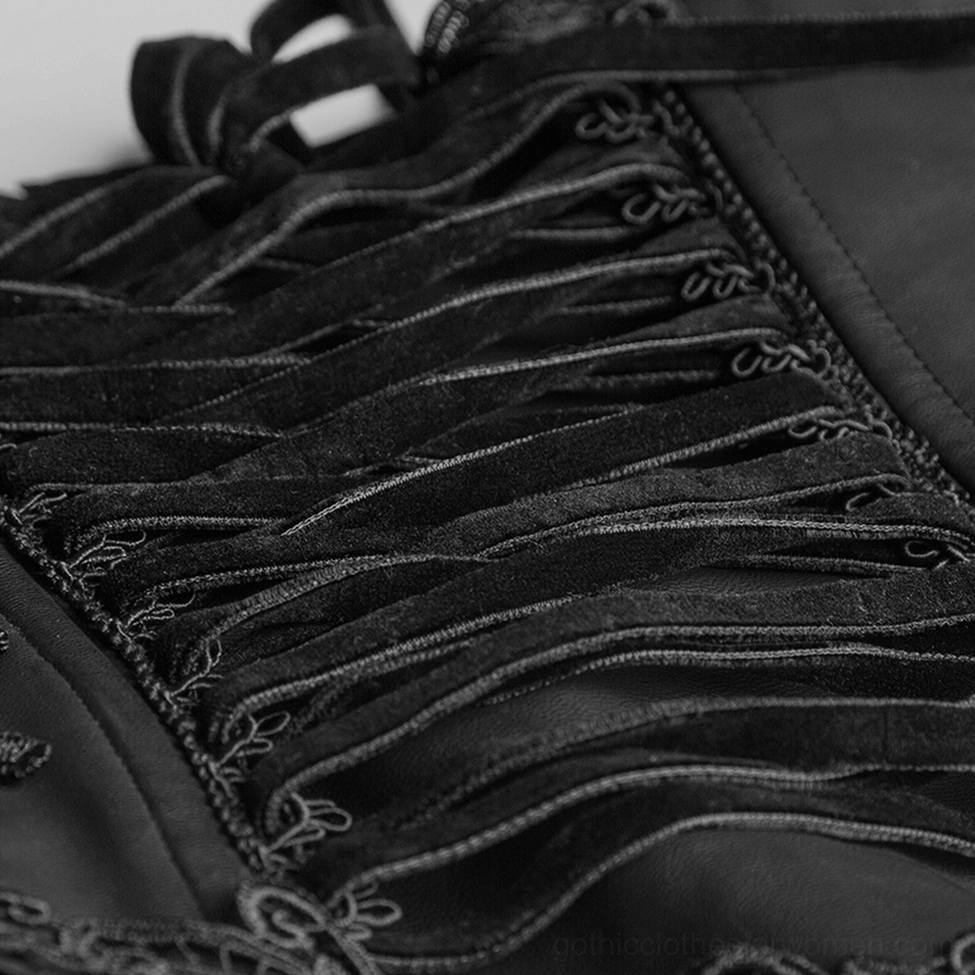 Close-up macro detail of gothic corset belt lacing mechanism showing suede lace straps stitched onto leather base with vintage steampunk styling