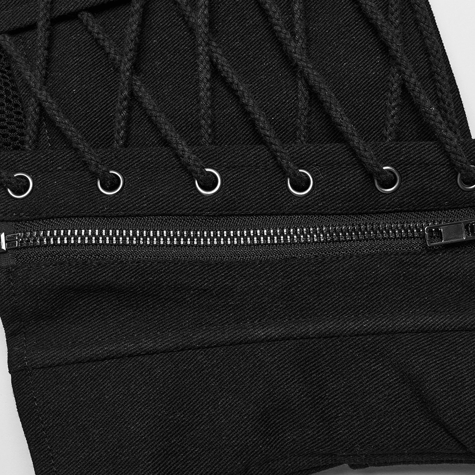 Close-up detail view of black gothic corset belt lace-up and zipper components, showing crisscross eyelet design and side metal slider