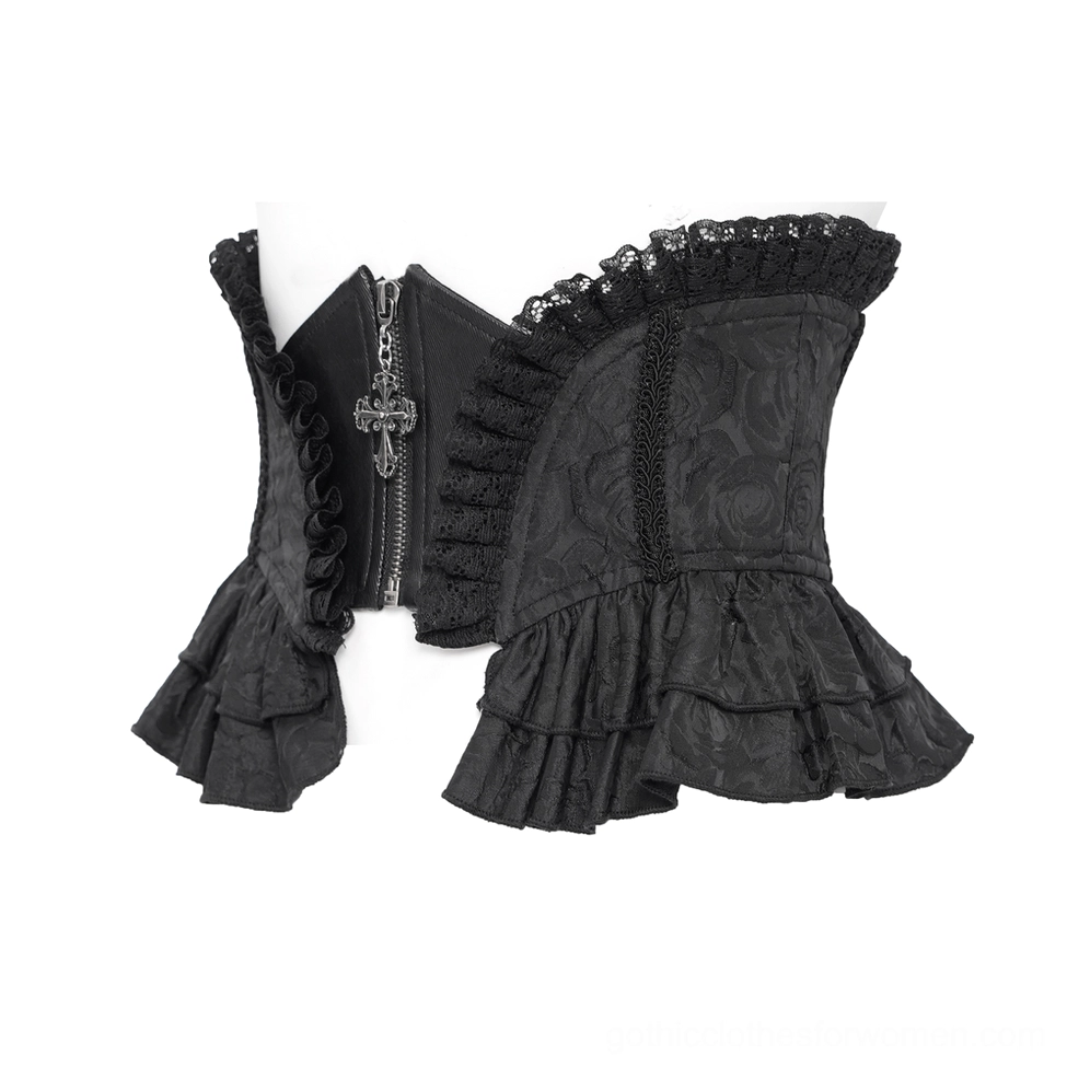 Cross zipper gothic corset waist belt showing layered ruffled hem and jacquard texture detail, side view