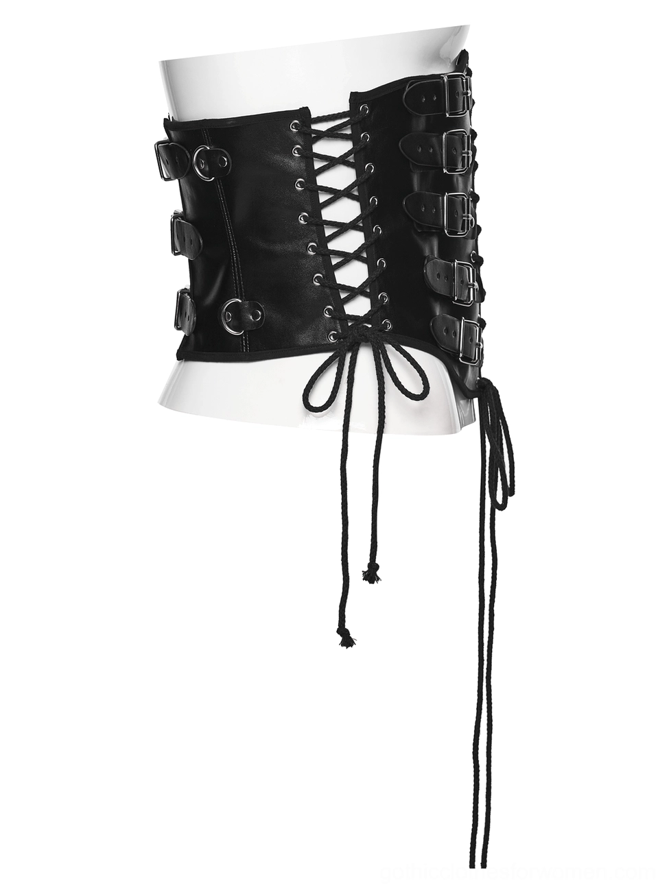 Black leather gothic corset belt with lace-up back metal eyelets side adjustment view