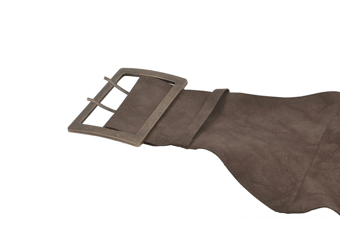 Detailed view of faux leather texture and buckle strap construction on gothic waist belt