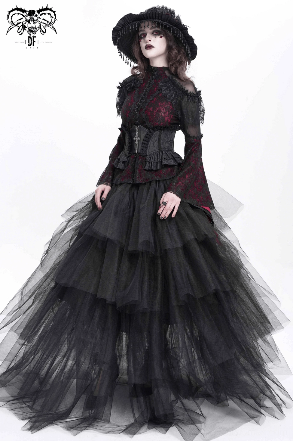 Dark gothic lace corset waist belt with cross zipper pendant, studio photography main product view