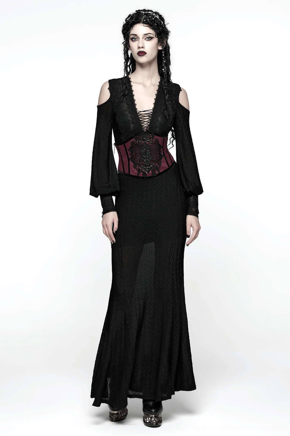 Material composition and care instruction guide for wine red gothic embroidered corset belt eco-friendly artificial leather