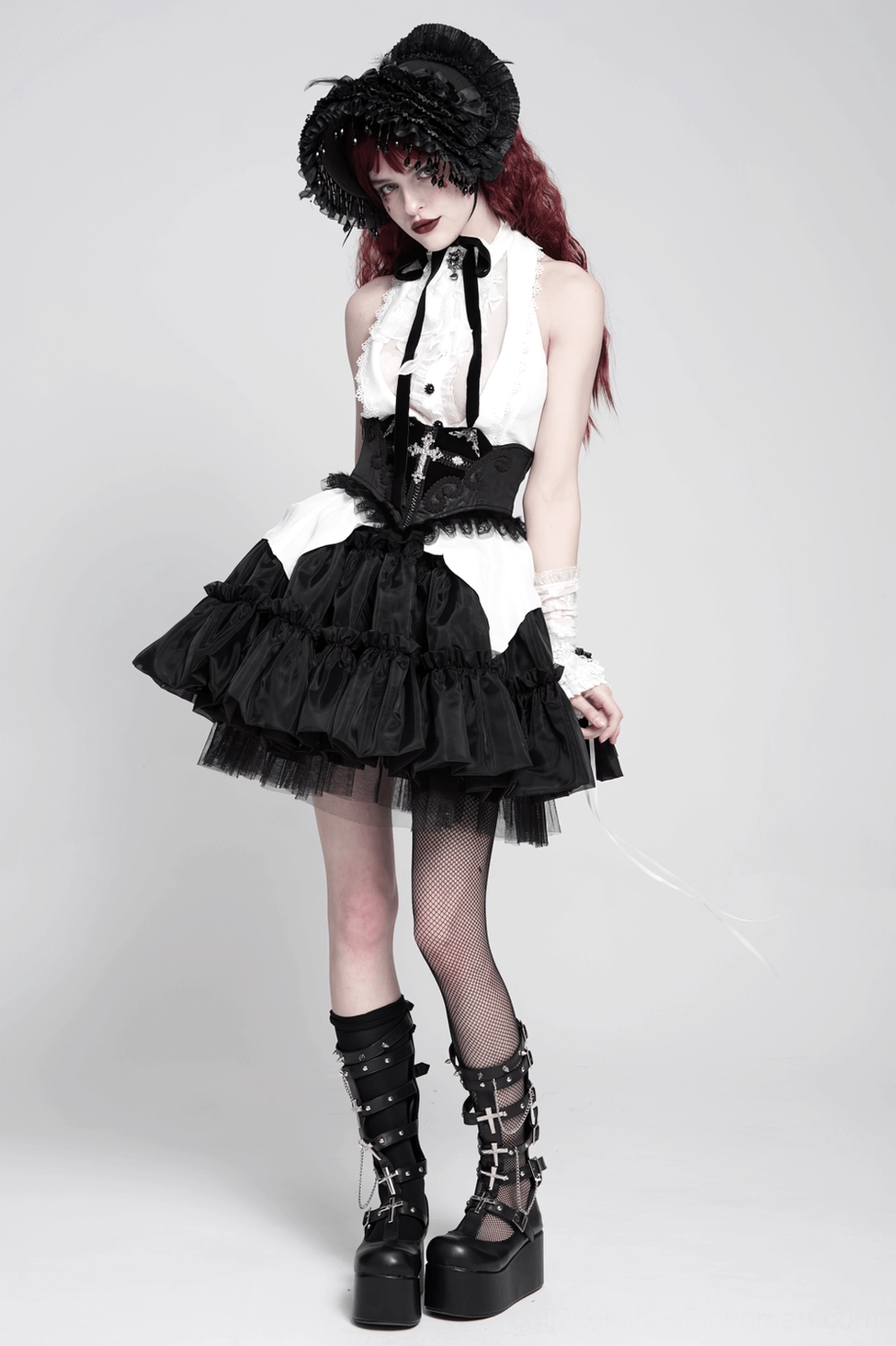 Gothic corset belt texture and material detail close-up showcasing polyester and rabbit hair blend, soft lace, and embroidery precision craftsmanship