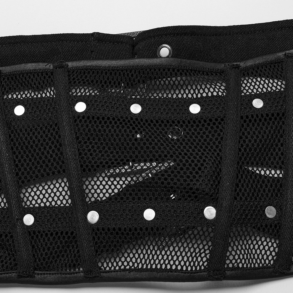 Macro close-up of black gothic corset belt mesh panel detail, revealing fishnet pattern, fabric binding edges, and metal rivet construction