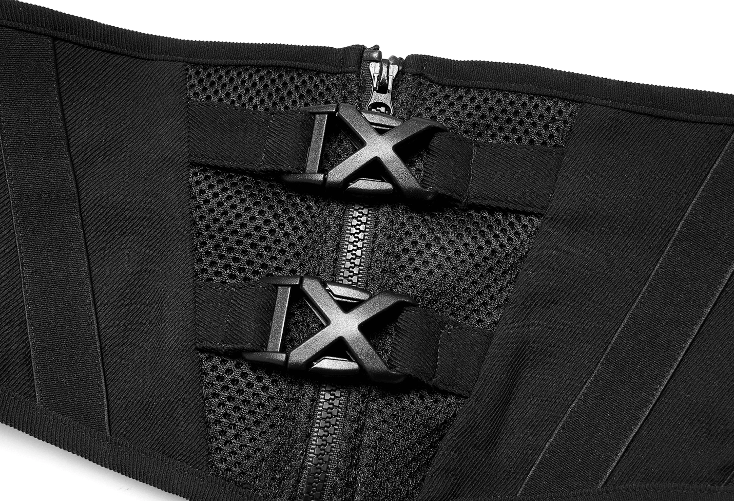 Close-up front view of black gothic corset belt displaying dual X metal buckles, zipper mechanism, and mesh fabric panels