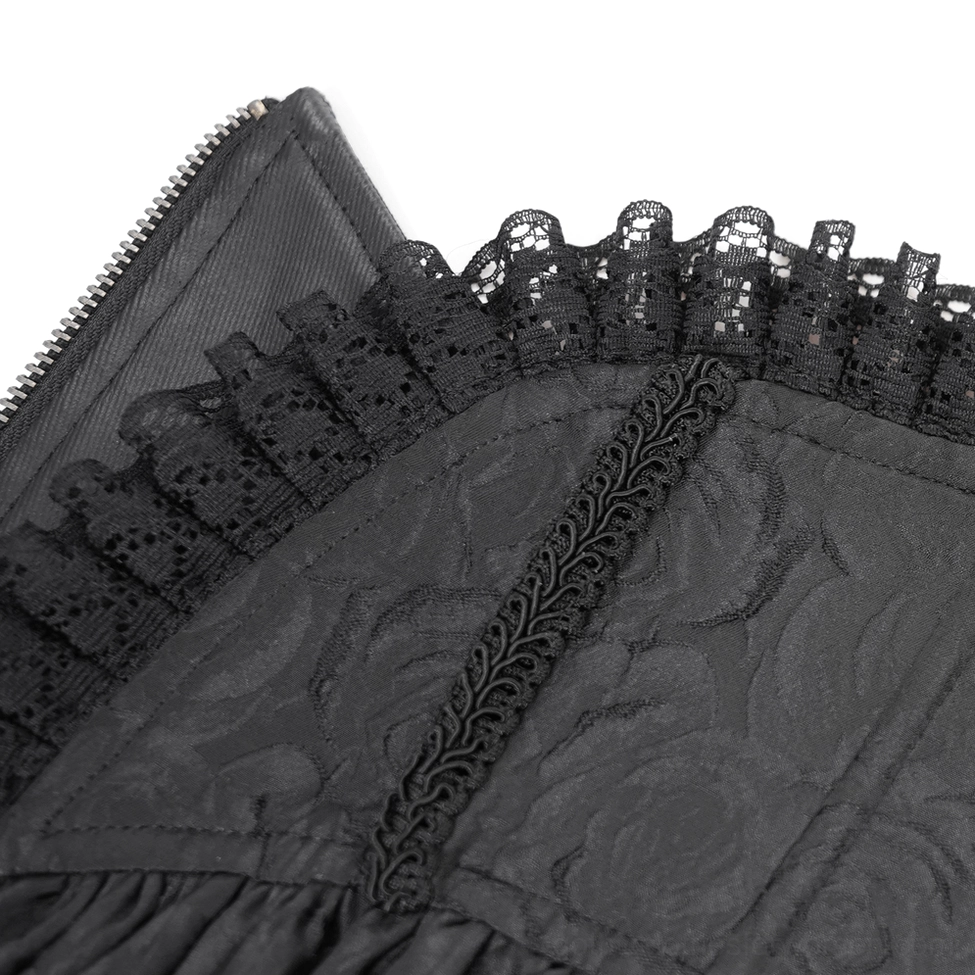Victorian lace corset belt black gothic style with metal cross pendant zipper, fashion styling detail