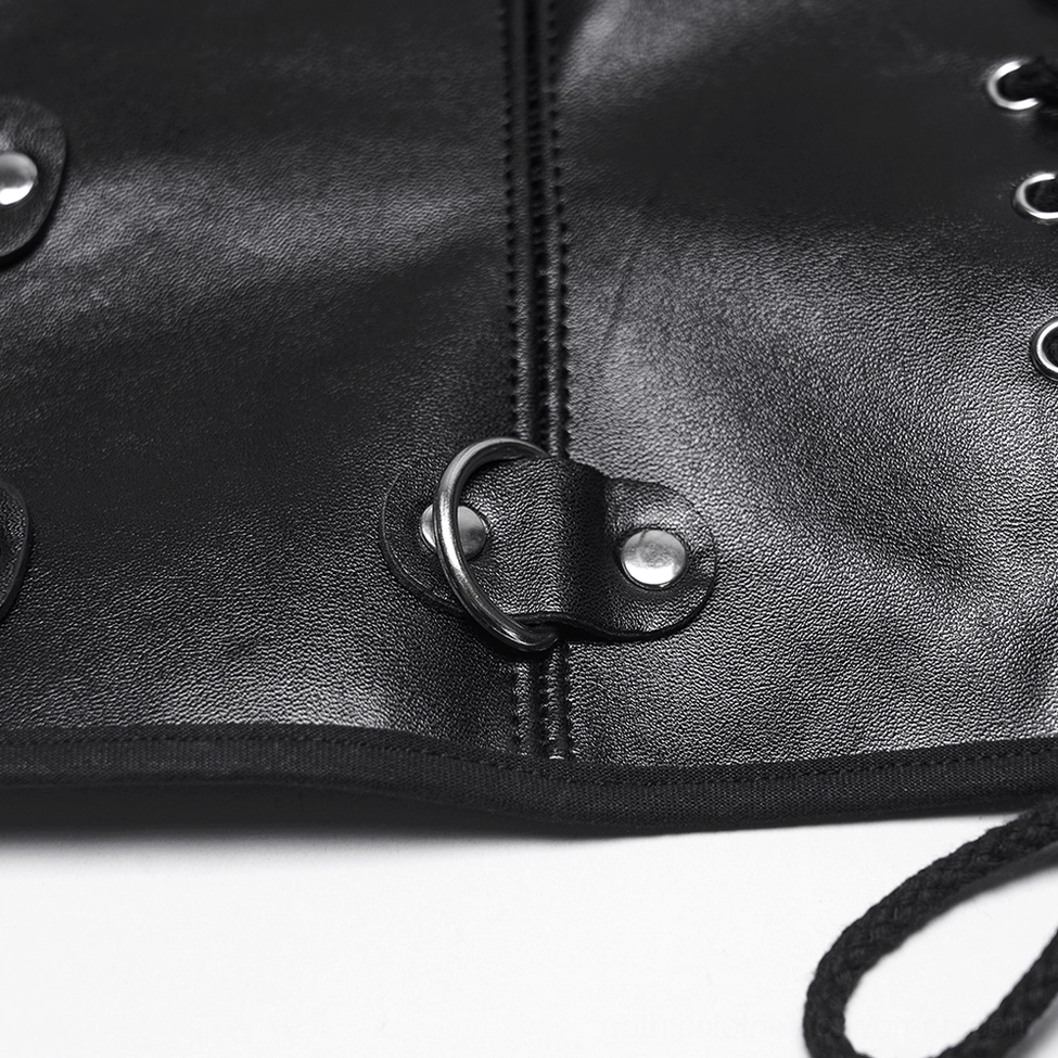 Close-up detail of black gothic corset belt showing smooth leather metal D-ring and lace eyelets