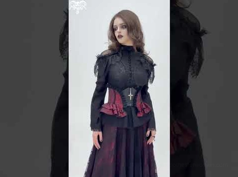Full body model wearing wine red floral gothic corset belt with matching lace outfit and rose brocade styling