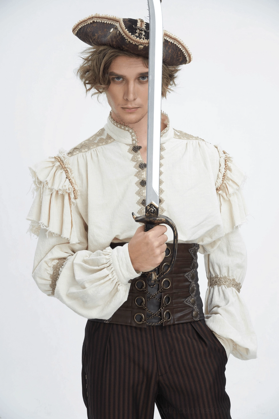 Pirate-themed cosplay featuring gothic brown corset belt with period costume on male model