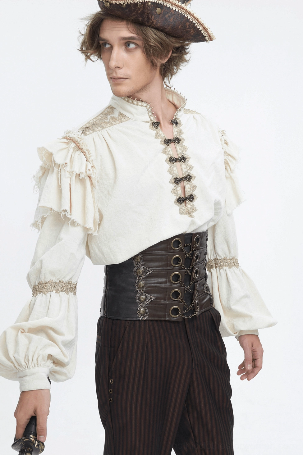 Gothic brown corset belt three-quarter view in pirate costume with ruffled blouse and striped trousers
