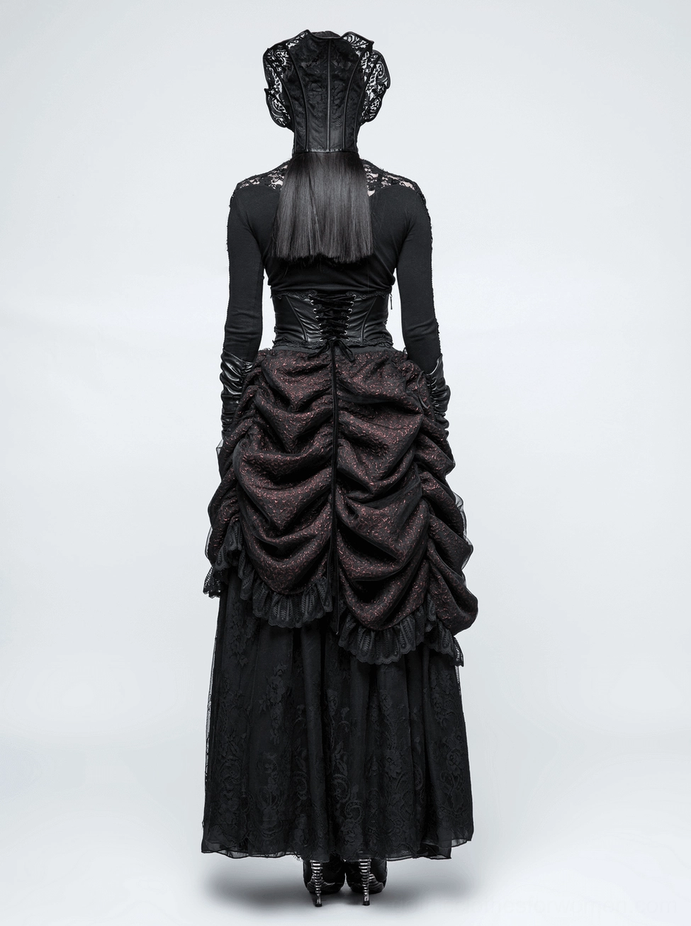 Black gothic corset belt primary product image with floral embroidery detail, adjustable drawstring front, and vintage-inspired design elements