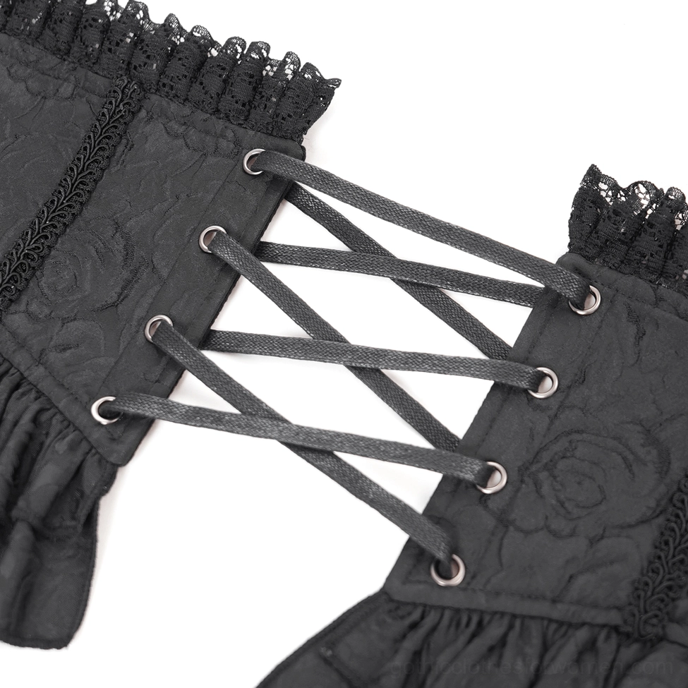 Black victorian gothic corset waist belt with cross zipper and ruffled trim, product detail view