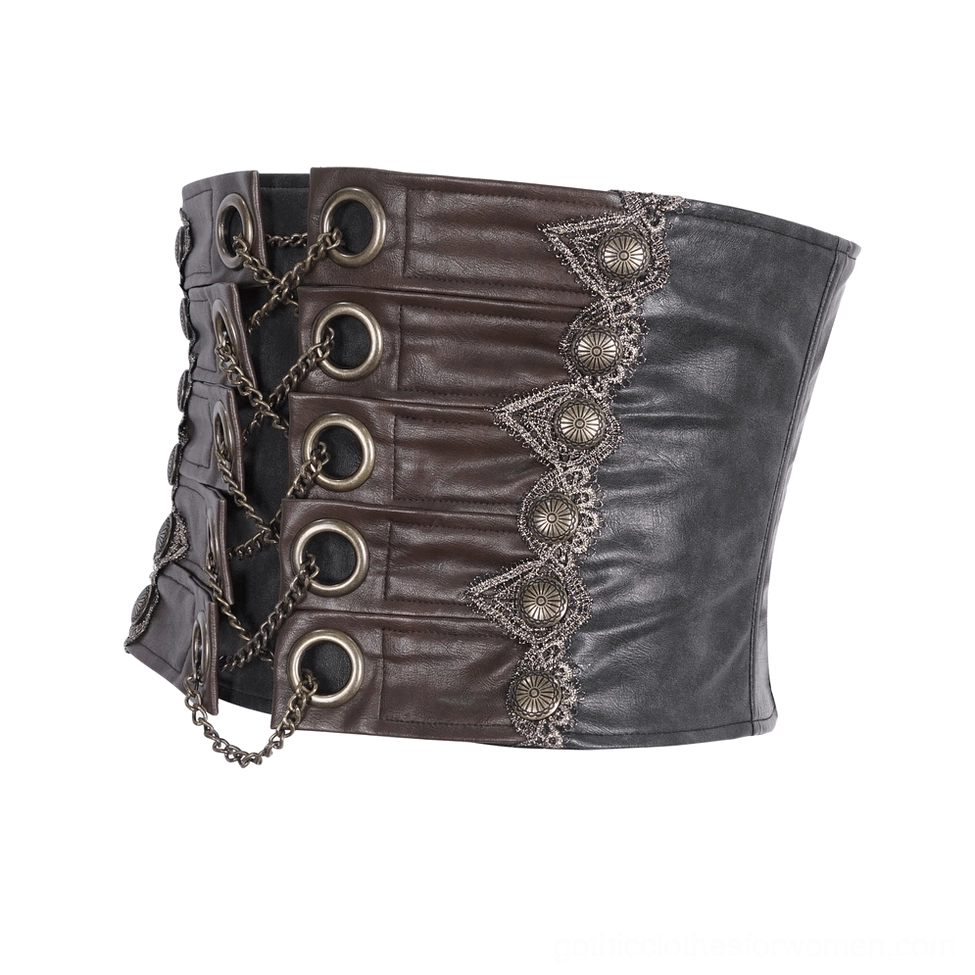 Brown gothic corset belt side profile showing two-tone faux leather and vintage metal chain decoration