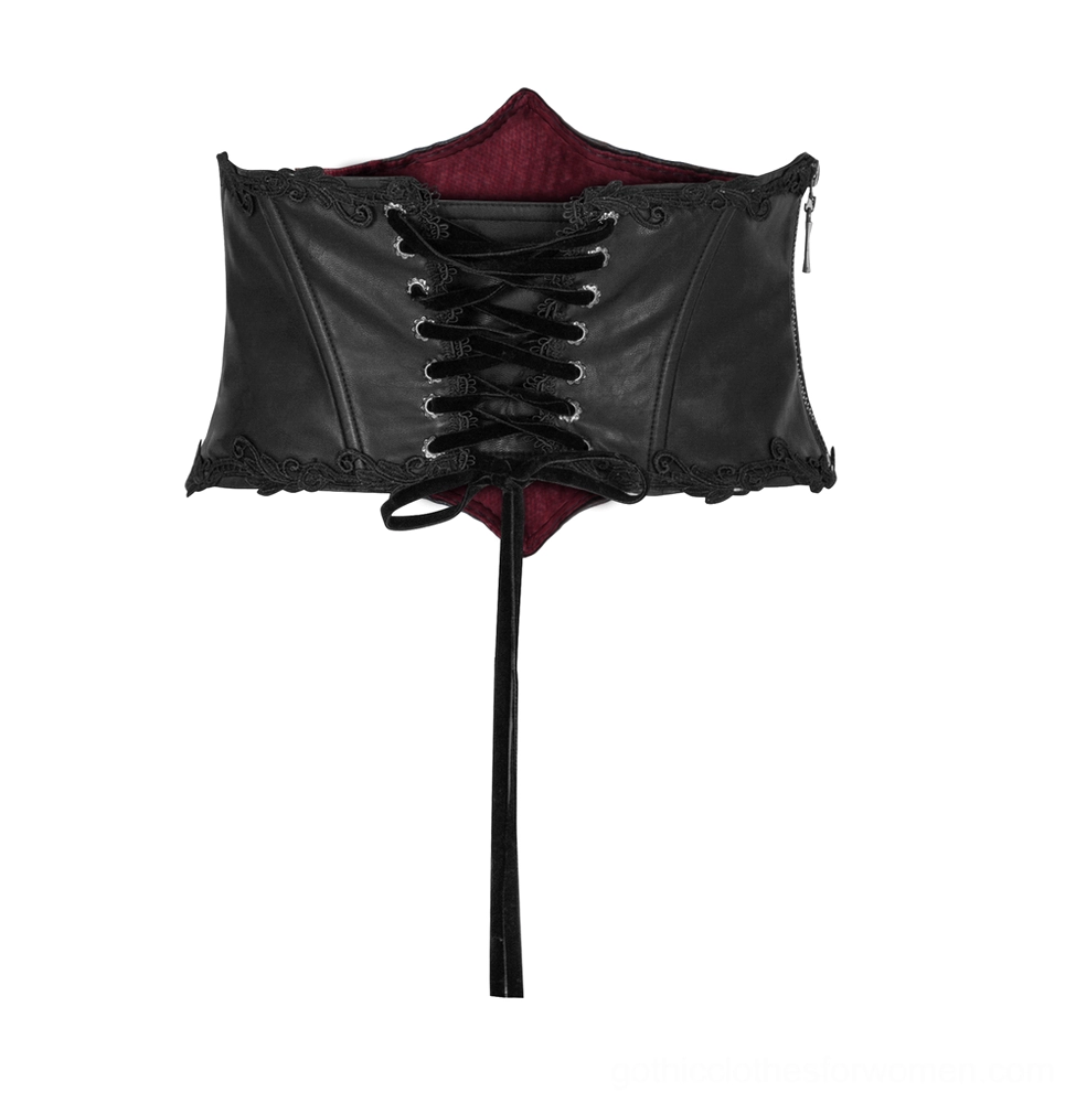 Black gothic corset belt front flat view displaying dark red inner lining, detailed lace-up front closure, and side zipper hardware