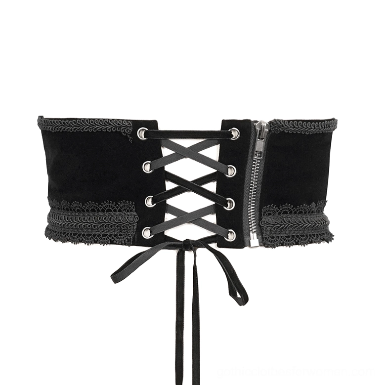 Replacement black velvet laces for gothic corset belt with carved metal end tips