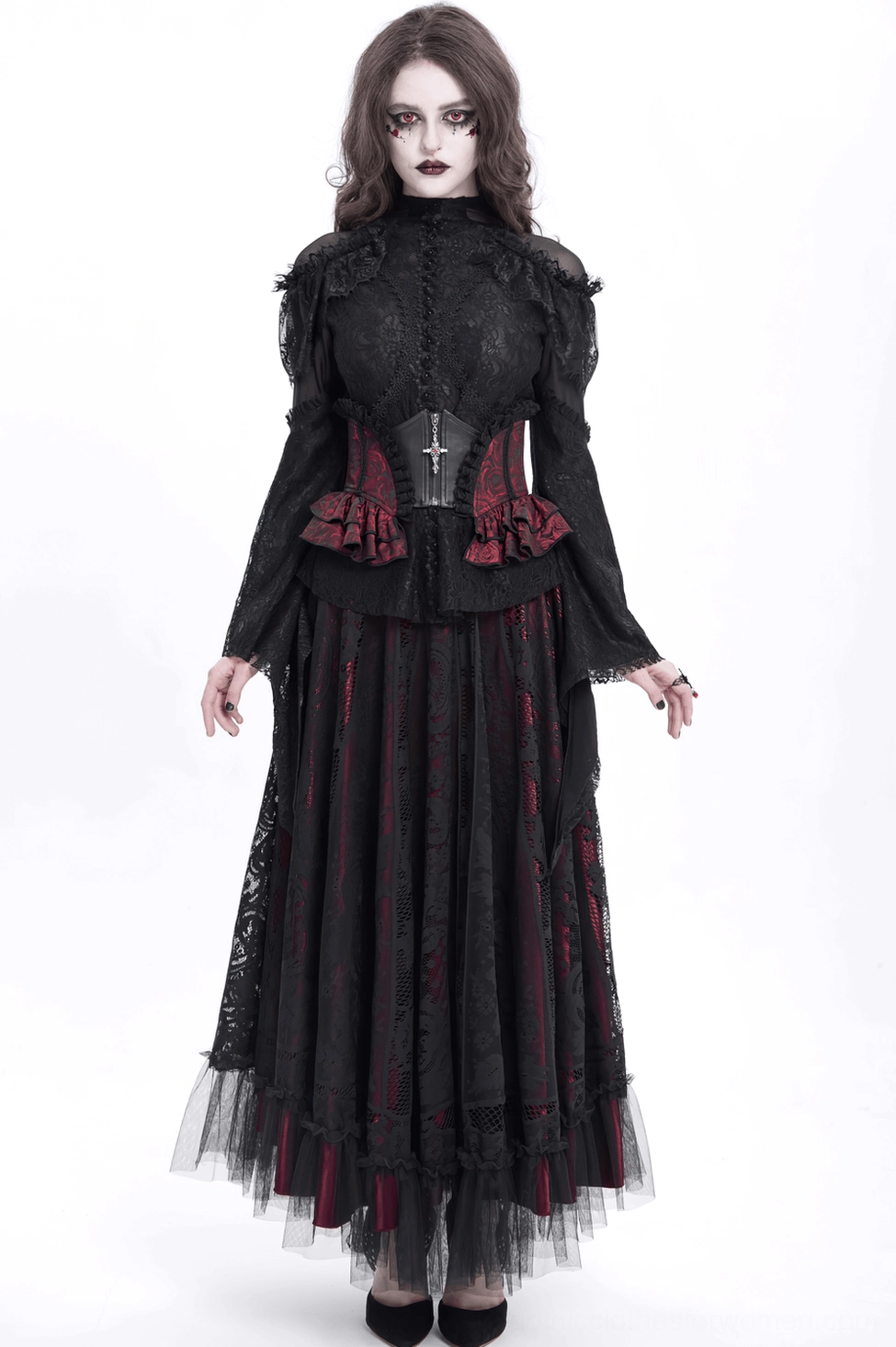 Wine red floral brocade gothic corset belt detail showing ruffle flounces and black lace contrast
