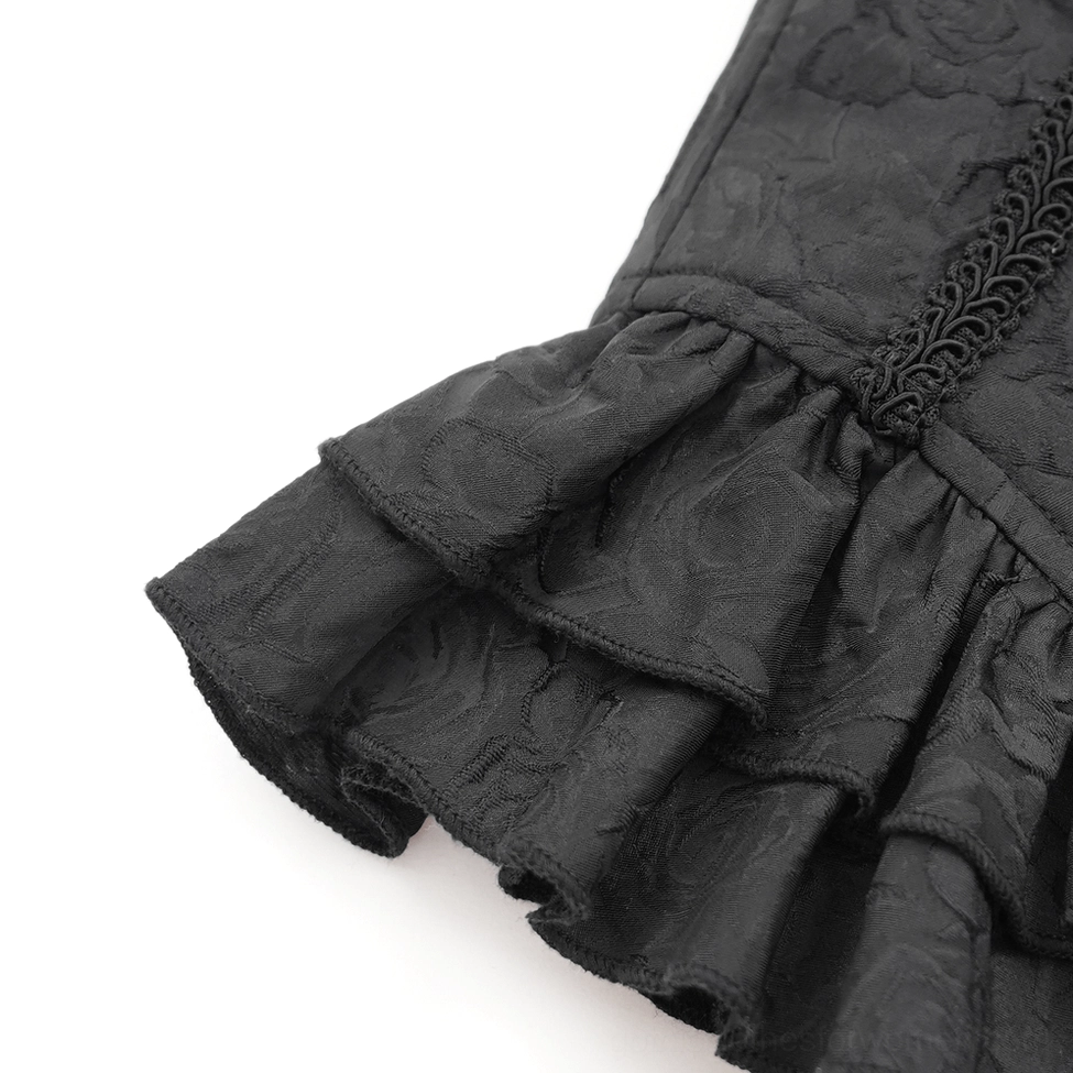 Close-up of gothic corset belt ruffled hem showing layered ruffles and jacquard fabric texture
