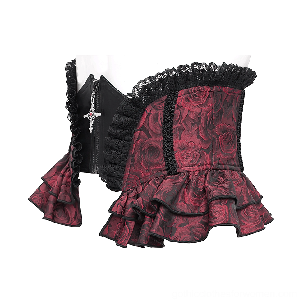 Side angled view of gothic corset belt showing red rose brocade structure and ruffle hem detail