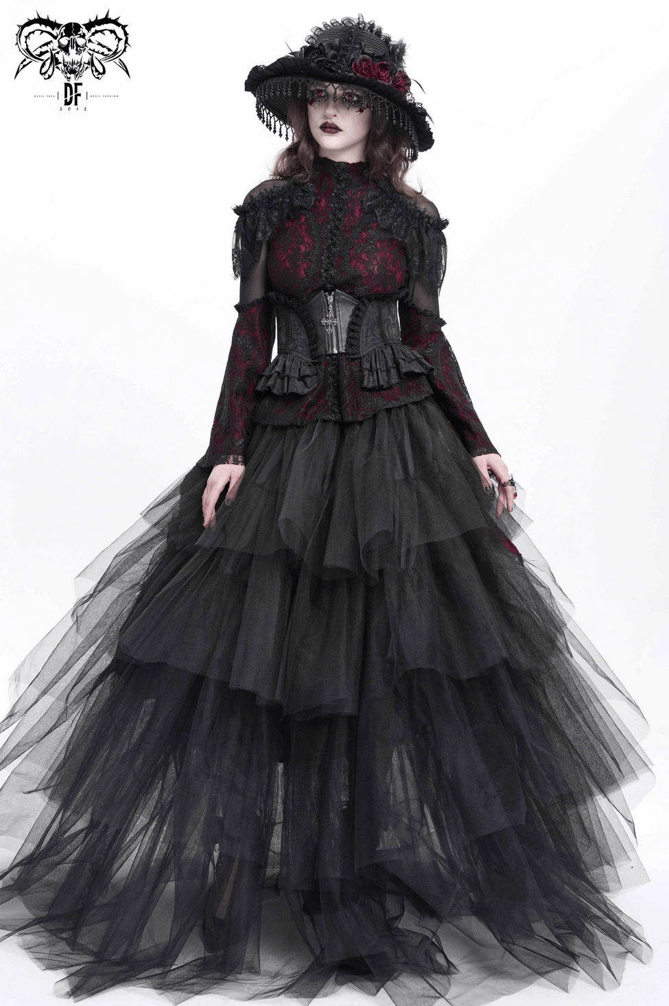 Victorian gothic corset belt black with ruffled edges and metal accents, side angle product view
