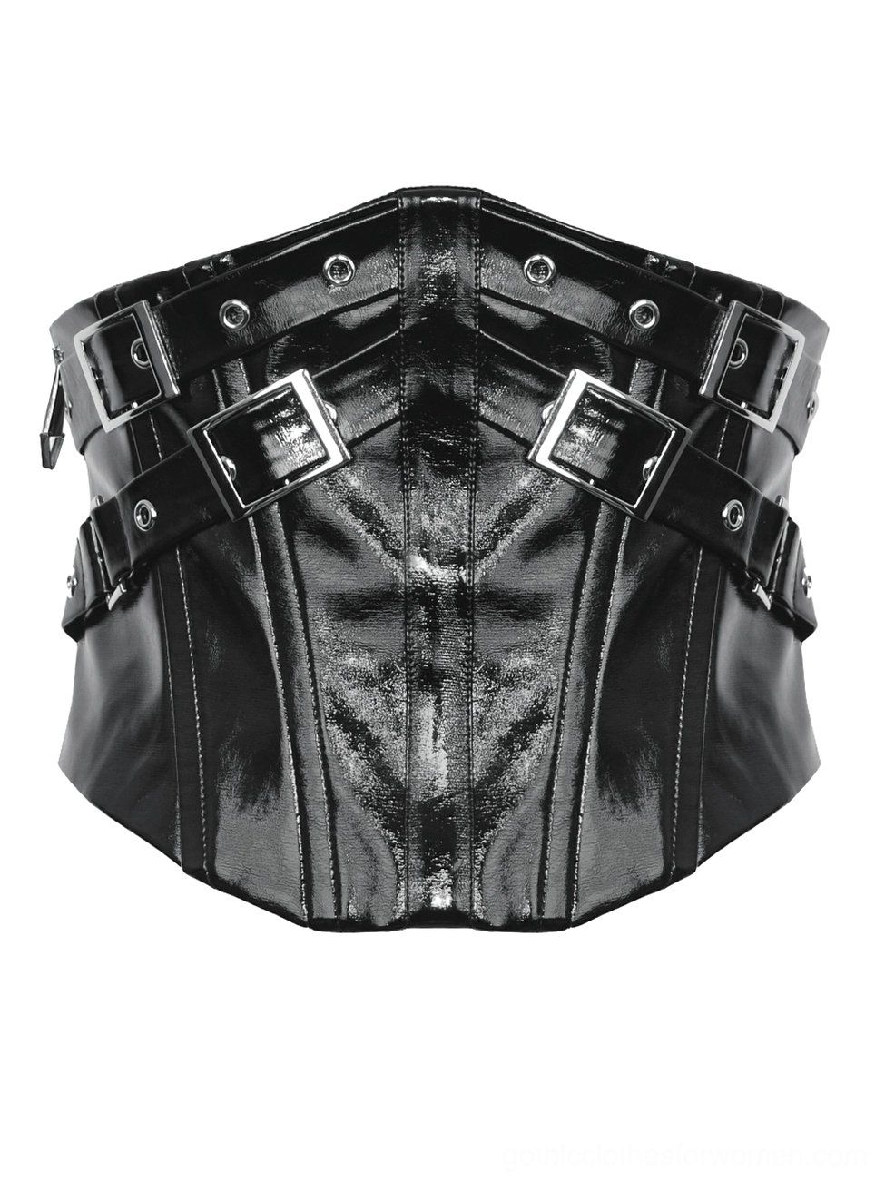 Model in black leather corset belt with side buckle straps and long split skirt, full-body gothic fashion look