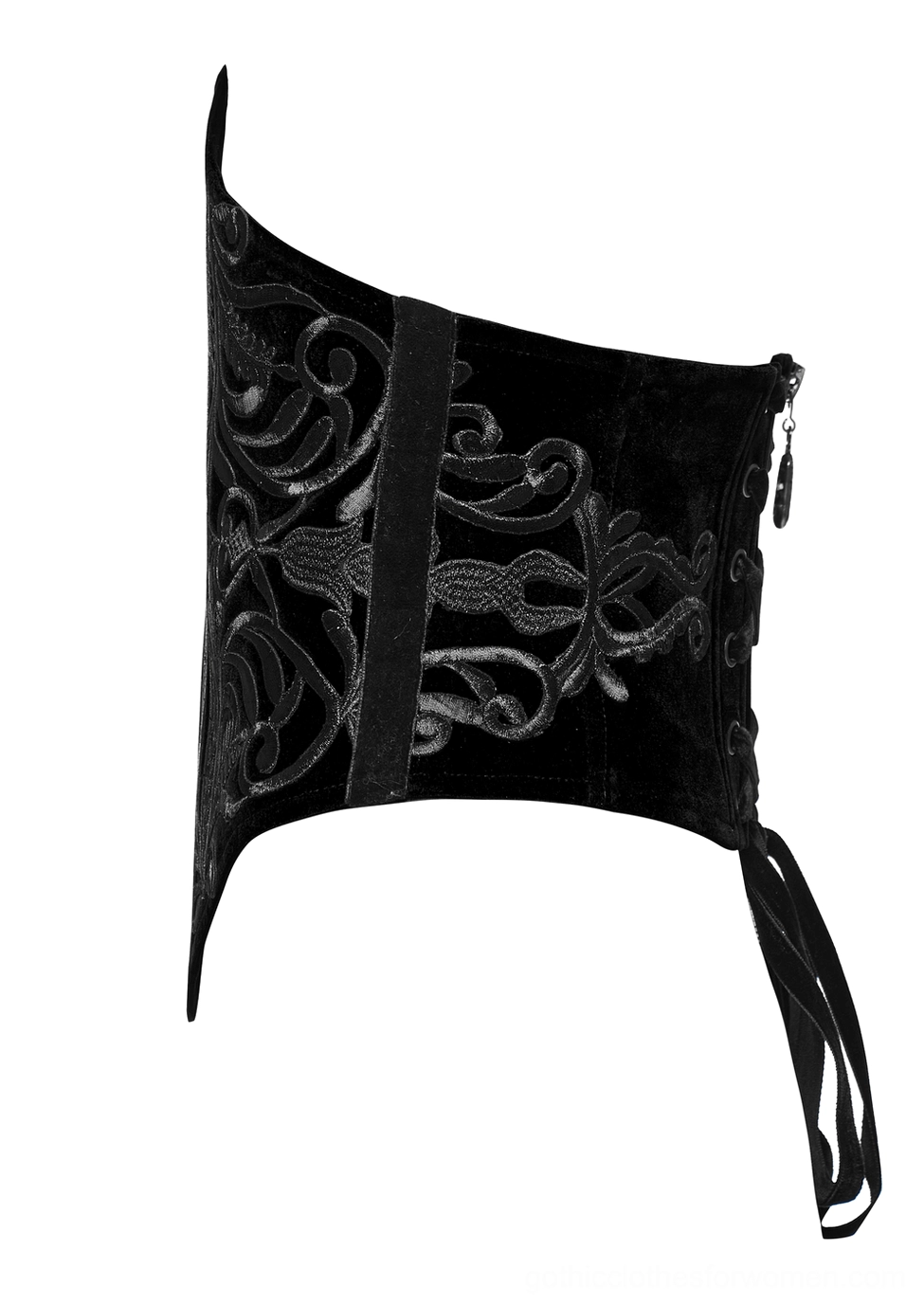 Side view of black gothic corset belt showing lace-up tie closure and embroidered side details