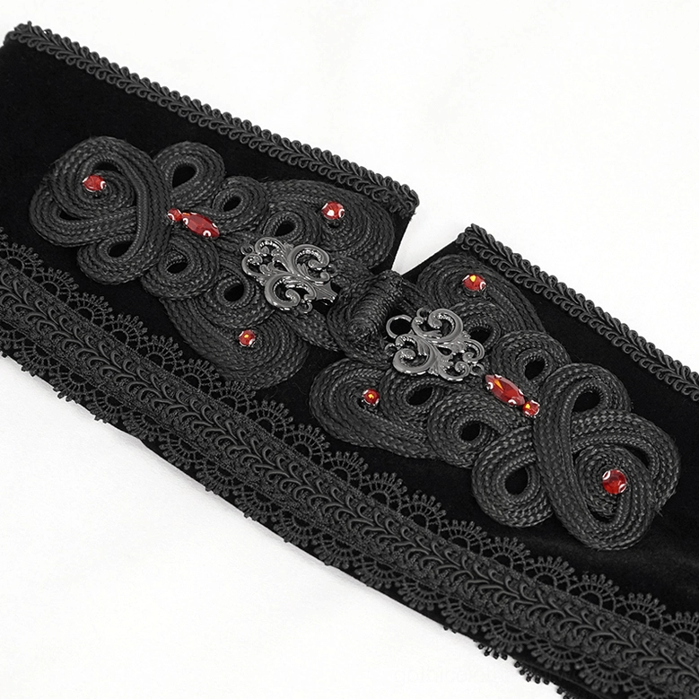 Side view of gothic corset belt showing lace-up straps, metal eyelets, and functional side zipper