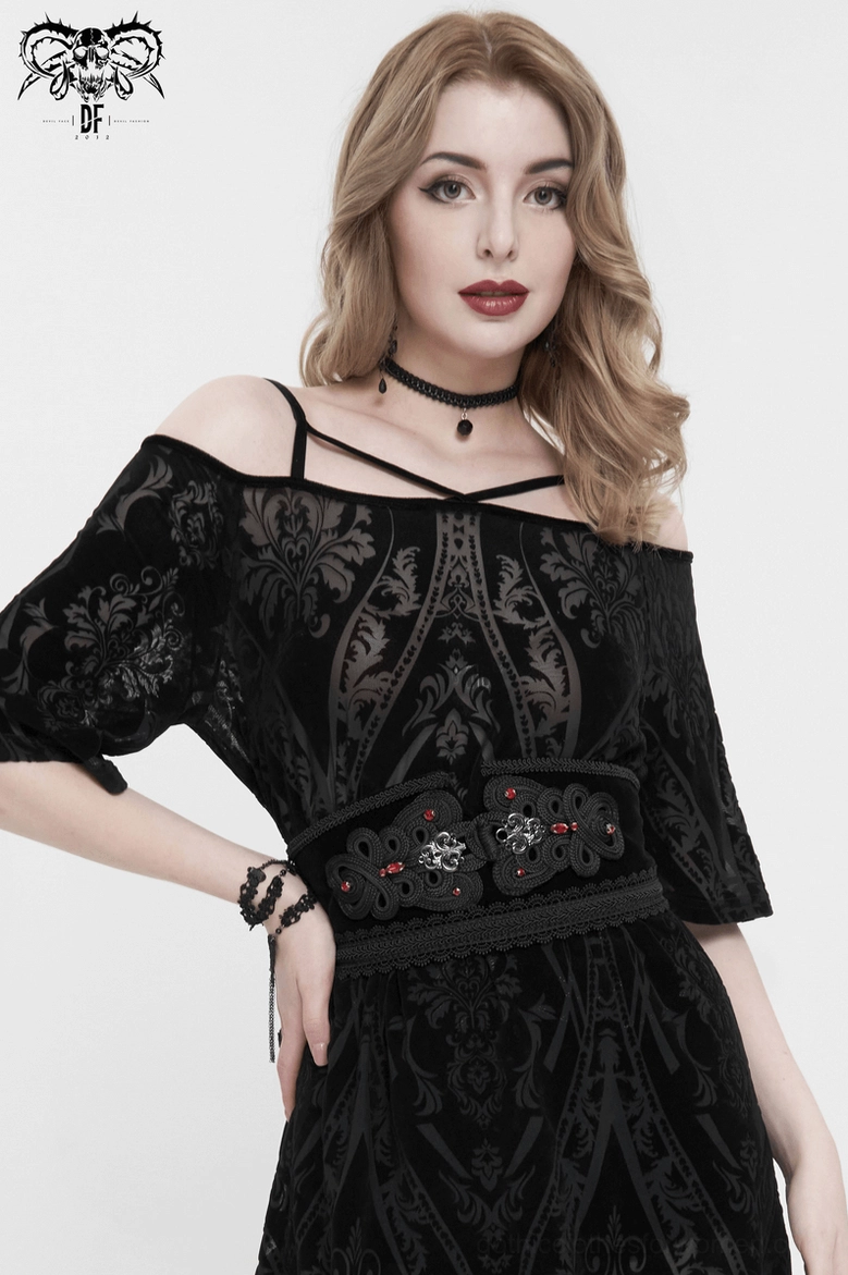 Side profile detail of gothic corset belt showing metal hardware and lace trim configuration