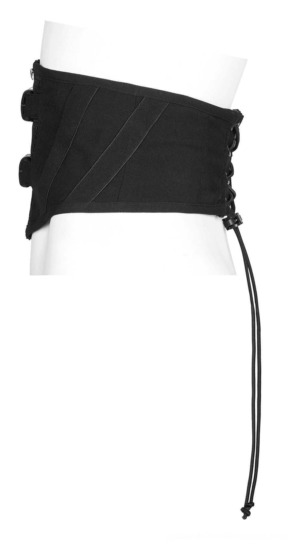 Side view of black gothic corset belt on mannequin showing adjustable side straps, drawstring tails, and slim fit silhouette