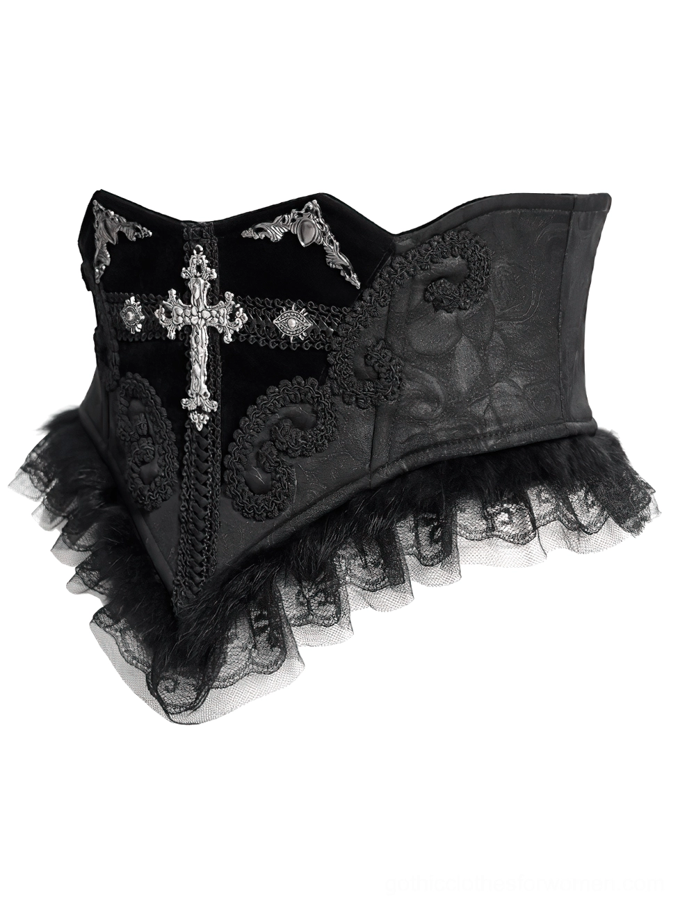 Gothic corset waist belt side flat view showing embossed black fabric texture, lace-up side detail, and delicate tulle trim in studio product photography