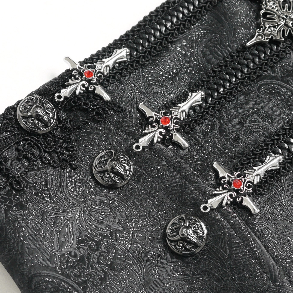 Side profile of black gothic corset belt showing silhouette and structured brocade fabric construction