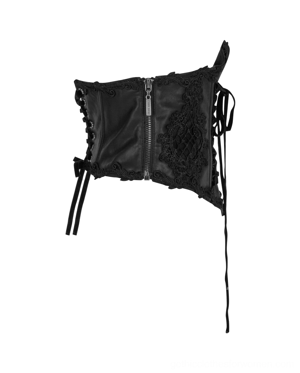 Black gothic corset belt side profile showing center zipper closure, side drawstrings, and structured belt construction with dark red lining visible