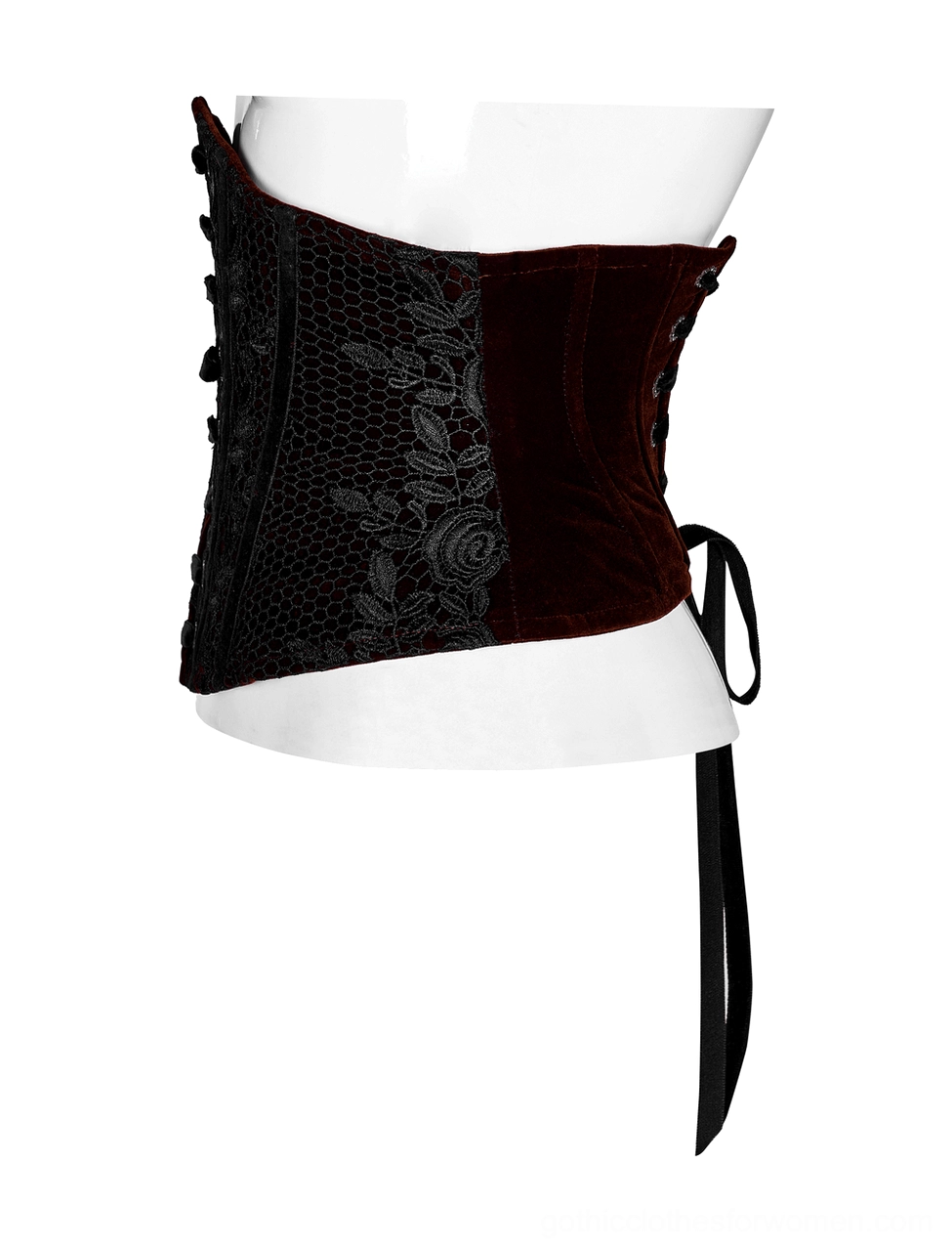 Side profile view of wine red velvet gothic corset belt showing structure and lace panel