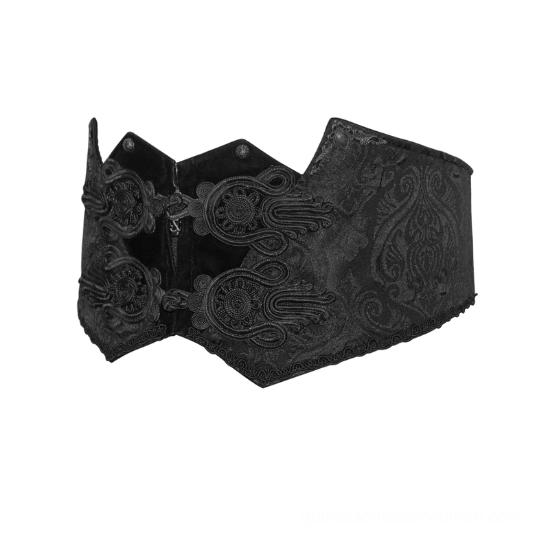 Side view of black gothic corset belt displaying hook fasteners and textured brocade fabric