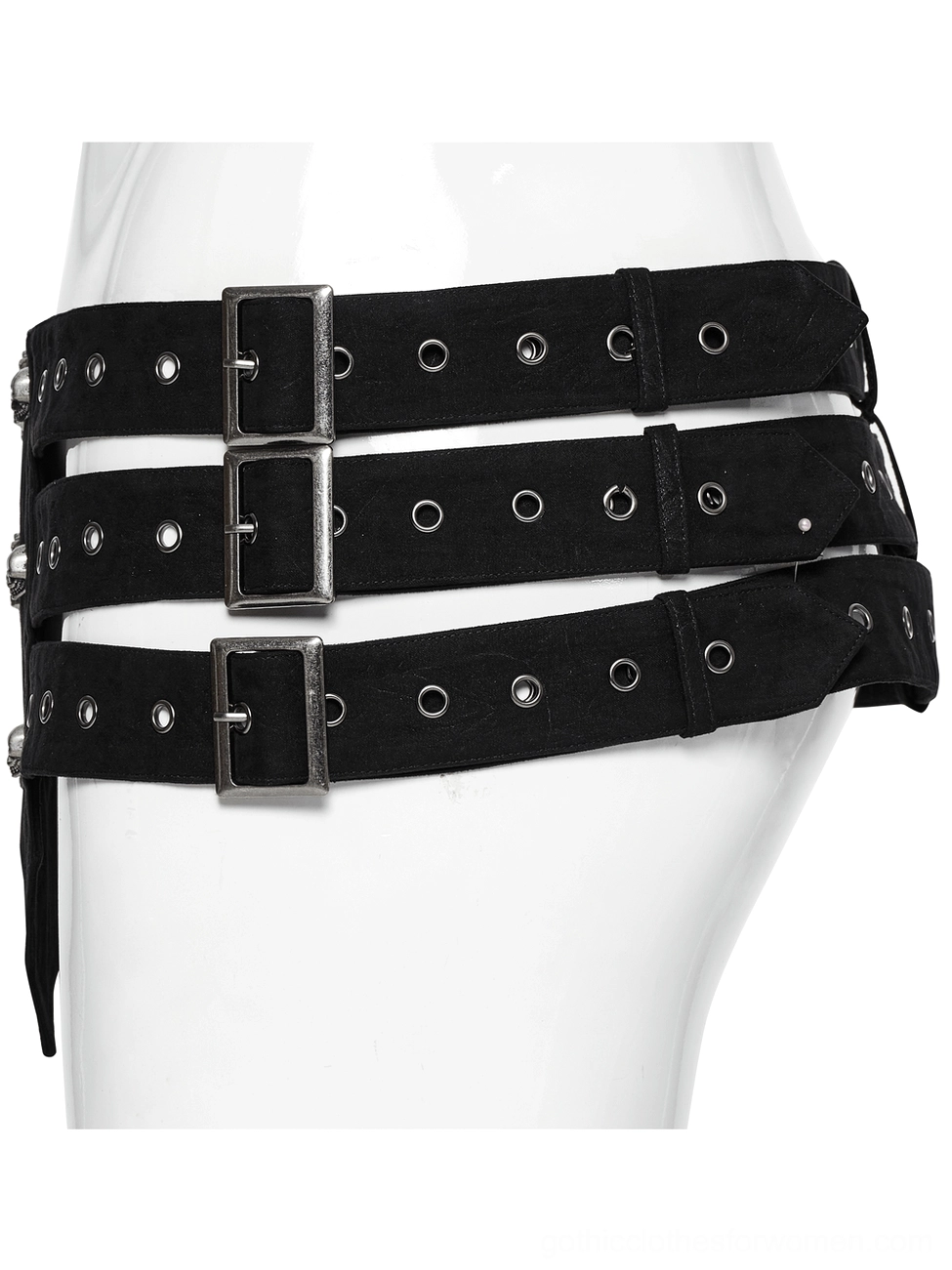 Gothic corset belt side view on mannequin showing silver square buckles and grommet holes