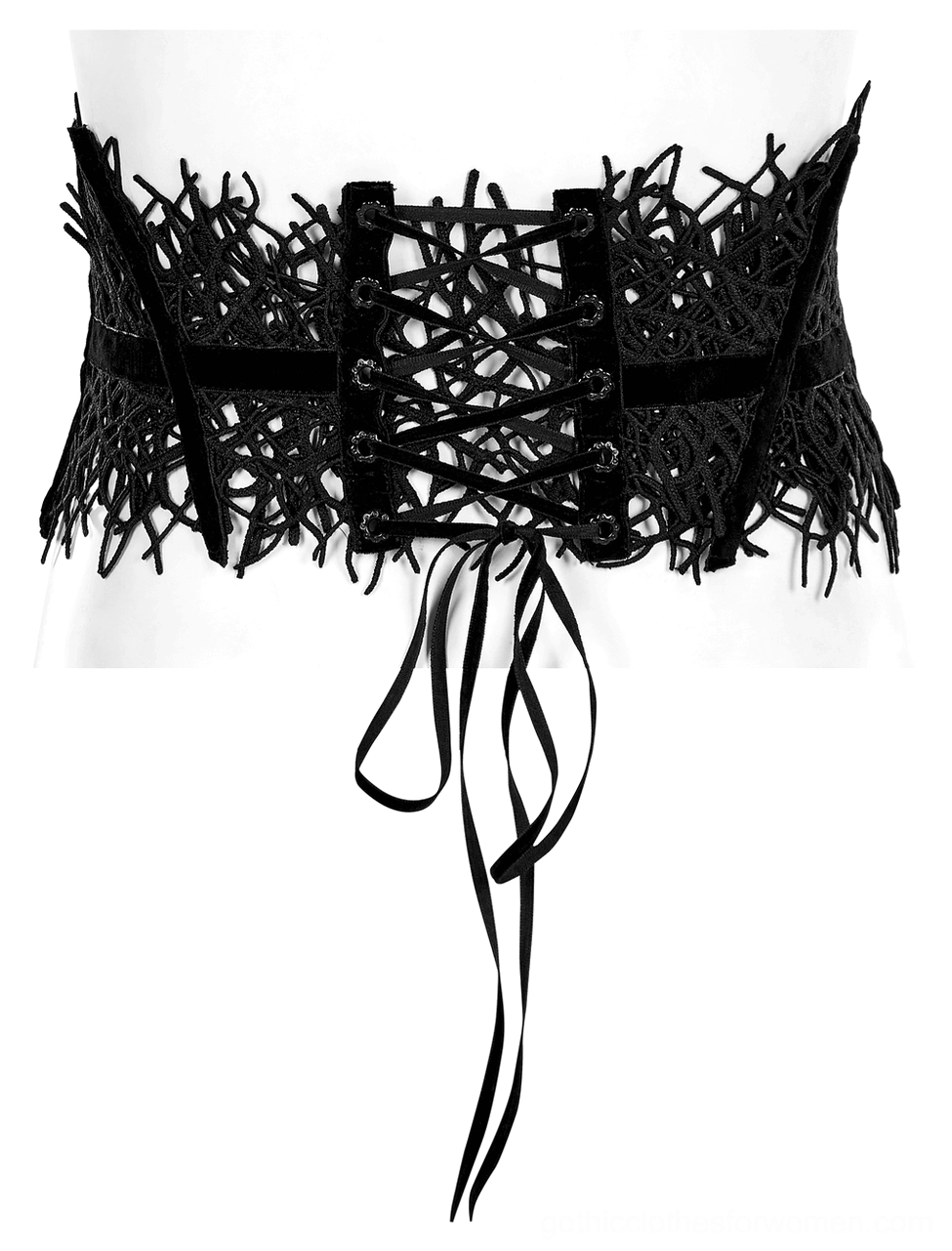 Side view flat lay of gothic corset belt highlighting decorative zipper charm and velvet border trim details